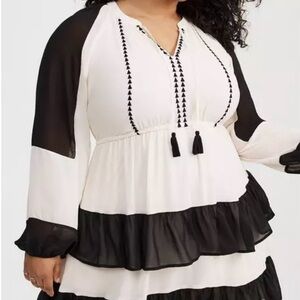 Plus Size Black & White Tiered Tassel Peasant dress